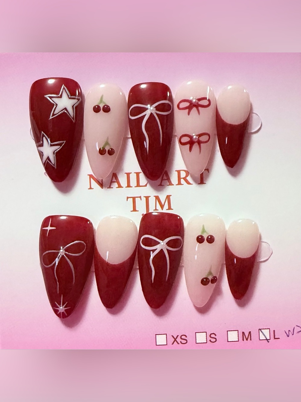 Red & Nude Cherry Bow Press-On Nails